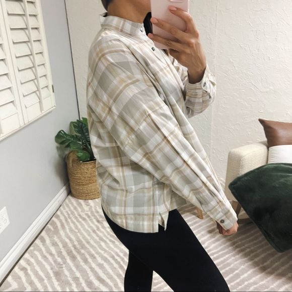 Eskandar Womens Size 0 Blouse Brown Gray Plaid Flannel Long Sleeve Top Button - Picture 2 of 2